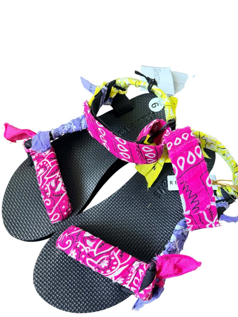 Arizona Love Black Sandals with Pink, Purple & Yellow Bandana Straps - Picture 3 of 7